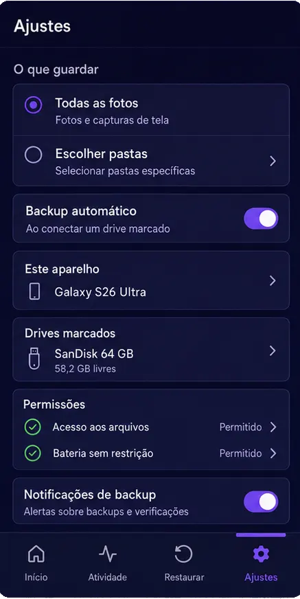 Tela de ajustes do BackU com categorias, permissões e drive marcado