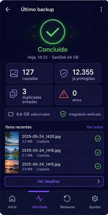 Tela de atividade do BackU mostrando backup concluído e integridade verificada