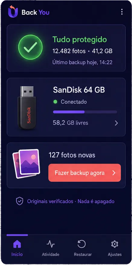 Tela inicial do BackU com status do backup e drive conectado