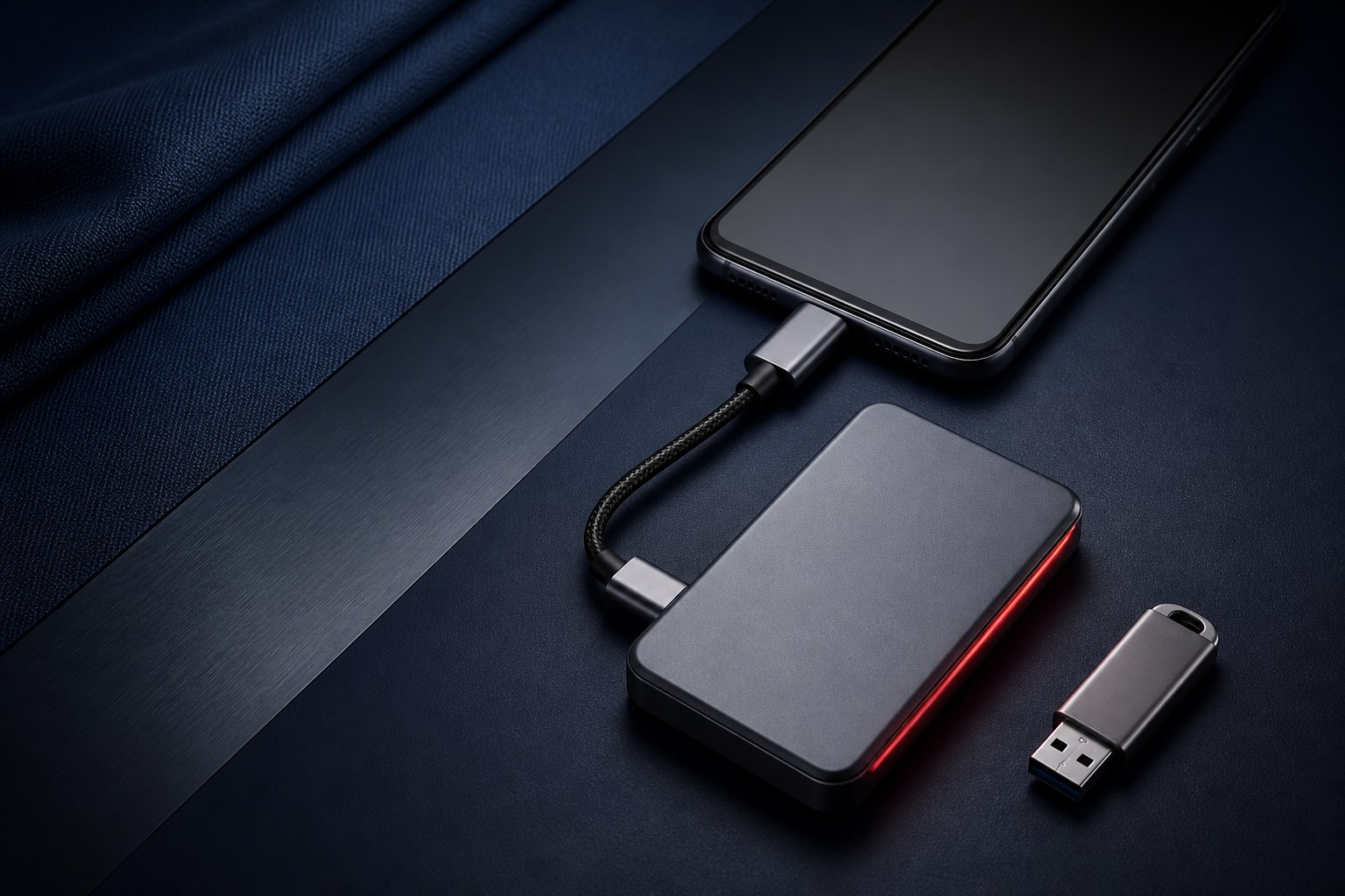 Celular Android, SSD, cabo USB-C e pendrive prontos para o backup